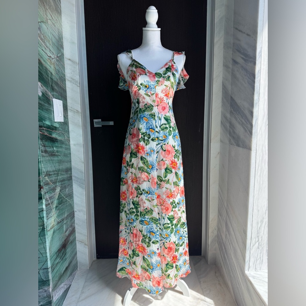 NWT Alice + Olivia Coral & Blue Floral Cold-Shoulder Maxi Dress
